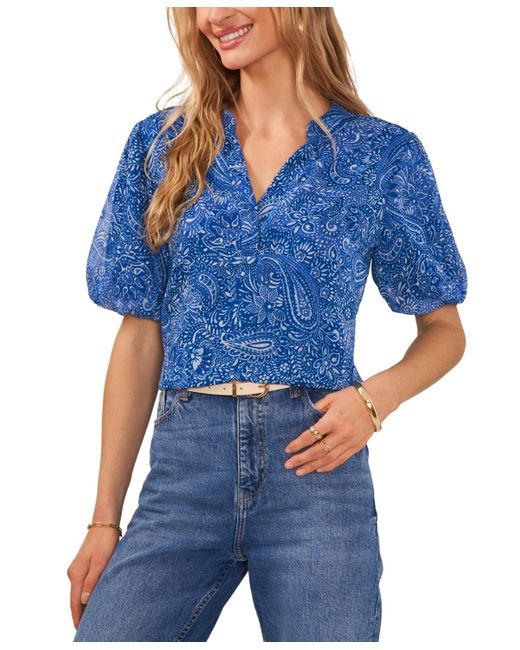 Vince Camuto Blue Paisley-print Puff-sleeve Top