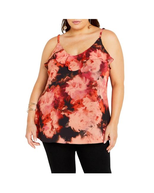 City Chic Red Plus Size Mischa Print Floral V Neck Ruffle Top