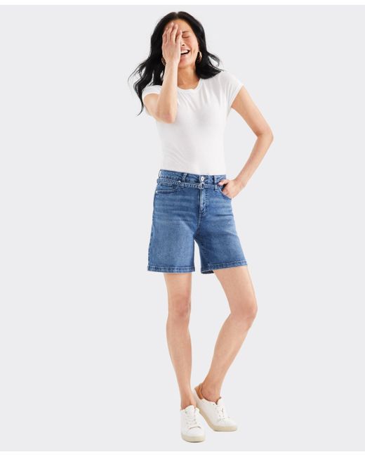 Style & Co. Blue High-rise Belted Cuffed Denim Shorts