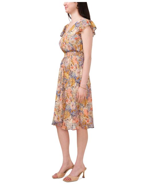 Msk Multicolor Petite Printed Flutter-sleeve V-neck Dress