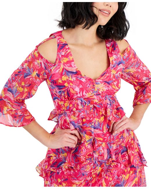 Tahari Pink Petite Printed Cold-shoulder Asymmetric-ruffle Dress