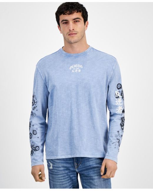 Guess Blue Embroidered Long Sleeve T-shirt for men