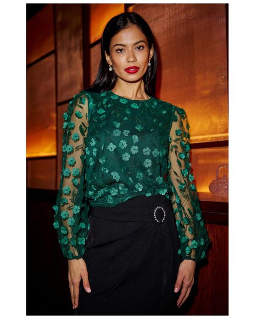 Yumi' Green Long Sleeve Sheer Floral Top