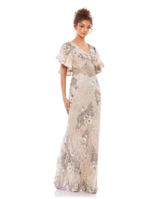 Mac Duggal White Bell Sleeve Floral Embellished Gown