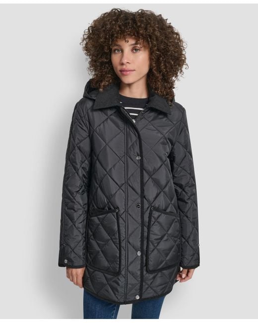 DKNY Gray Corduroy Collar Hooded Quilted Coat