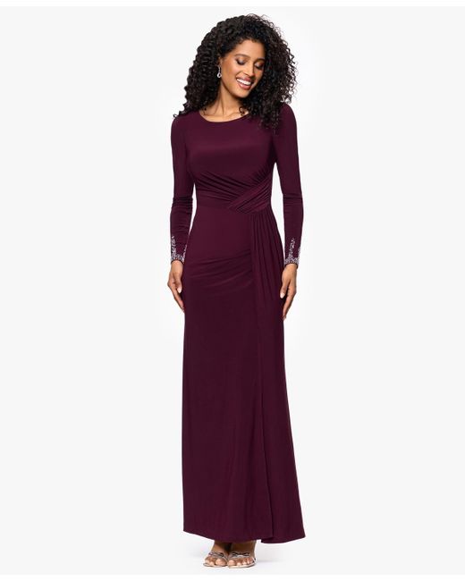 Betsy & Adam Purple Â Long Sleeve Beaded Cuff Dress