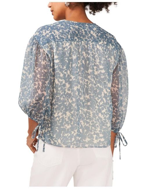 1.STATE Blue Printed Pintuck 3/4-sleeve Blouse