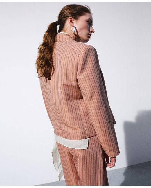 Mango Pink Selection Cropped Striped Linen Blazer