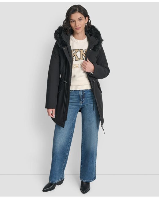DKNY Black Trim Hooded Anorak Puffer Coat