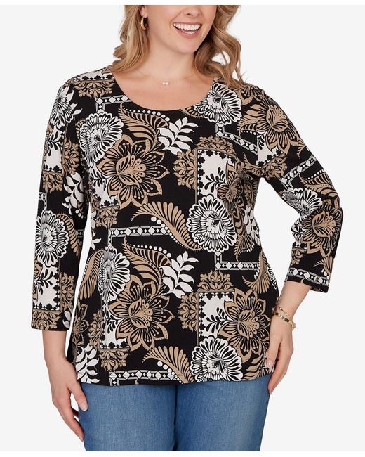 Ruby Rd Plus Size Tops Ruby Rd. Plus Size Tropical Patchwork Scoop Neck Knit Top in Black | Lyst