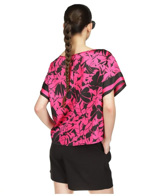 Michael Kors Pink Palm-border Boat-neck Top