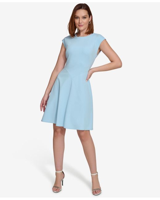 Calvin Klein Blue Extended-shoulder Jewel-neck Dress