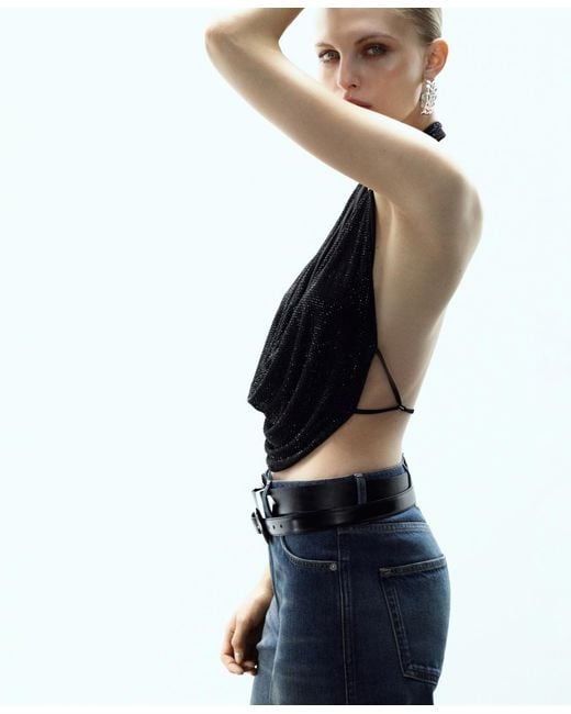 Mango Black Draped Crystal Neckline Top