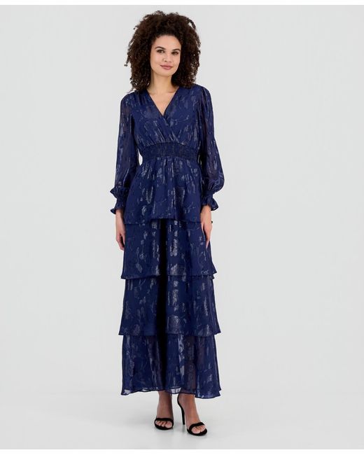 Anne Klein Women's Blue Smocked-trim Tiered Maxi Dress - cruiseboatoman.com