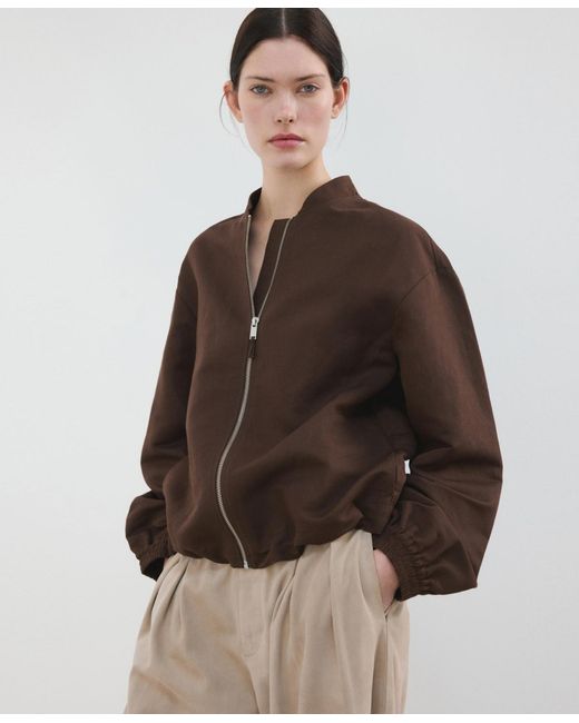 Mango Brown Linen Bomber Jacket