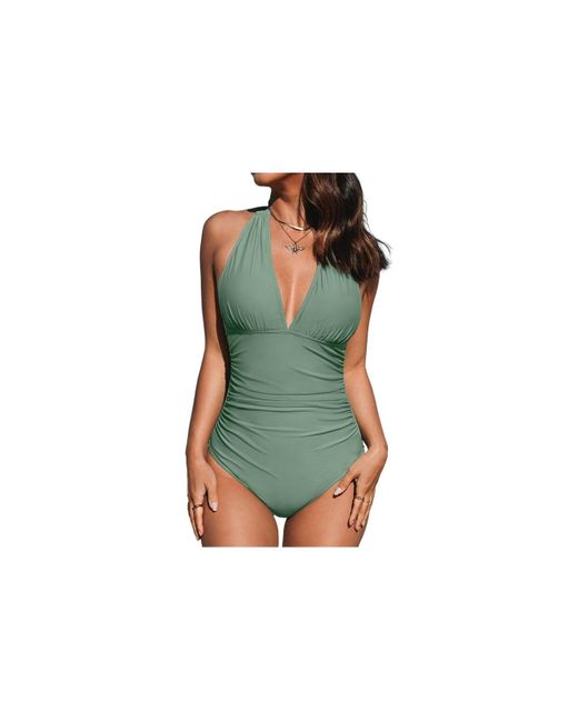 Buy CUPSHE Women V Neck One Piece Swimsuit Halter Backless Ruched Tummy  Control Bathing Suit, Forest Green, Medium at Amazon.in