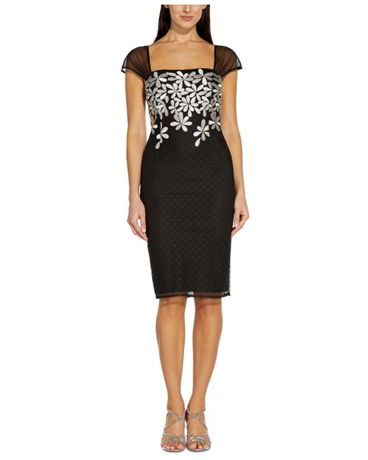 Adrianna Papell Black Embroidered-floral Sheath Dress