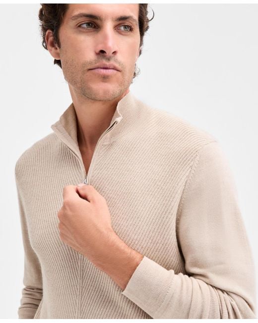 Alfani Natural Long Sleeve Textured Quarter-zip Sweater for men