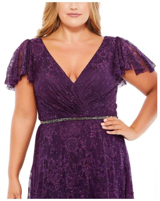 Mac Duggal Purple Plus Size Embellished Flutter Sleeve Evening Gown