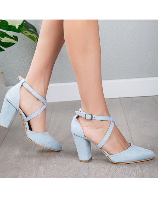 Forever & Always Shoes Blue Sina Criss Cross High Block Heels