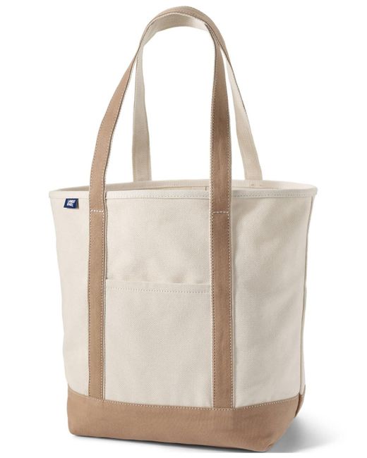 Lands' End Natural Large 5 Pocket Open Top Long Handle Canvas Tote Bag