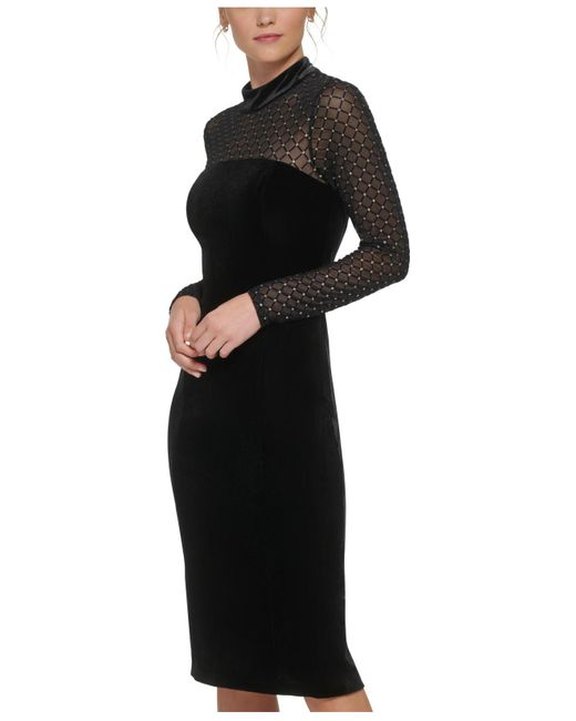 Eliza J Black Petite Velvet Mock-neck Long-sleeve Dress
