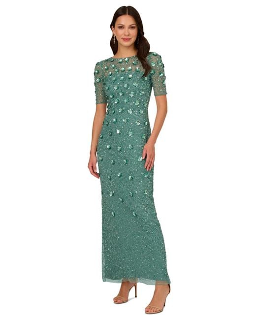 Adrianna Papell Green Embellished Floral Sheath Dress