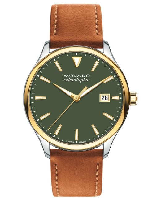 Movado Green Swiss Calendoplan Cognac Leather Strap Watch 40mm for men