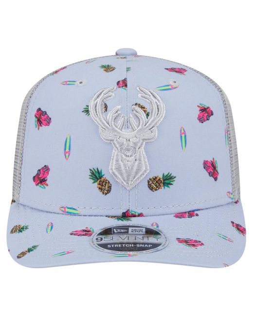 KTZ Light Blue/gray Milwaukee Bucks Adventure Aloha Pattern 9seventy Stretch-snap Hat for men