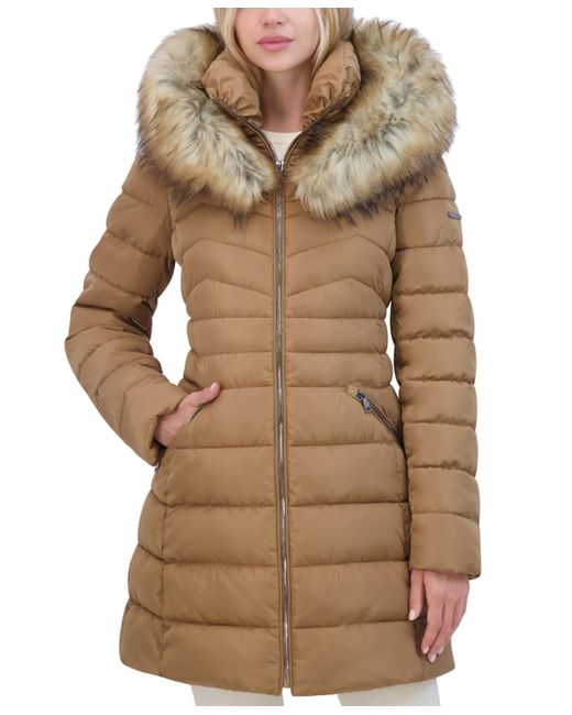 Laundry by Shelli Segal Faux fur trim Hooded Puffer Coat in Natural Lyst