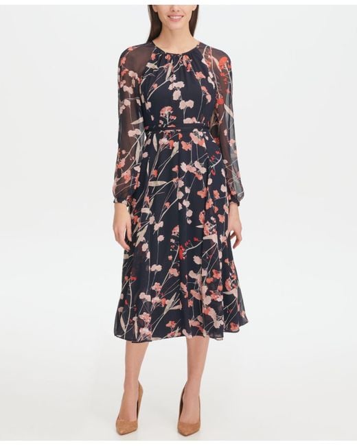 Tommy Hilfiger Blue Corsage Print Chiffon Midi Dress