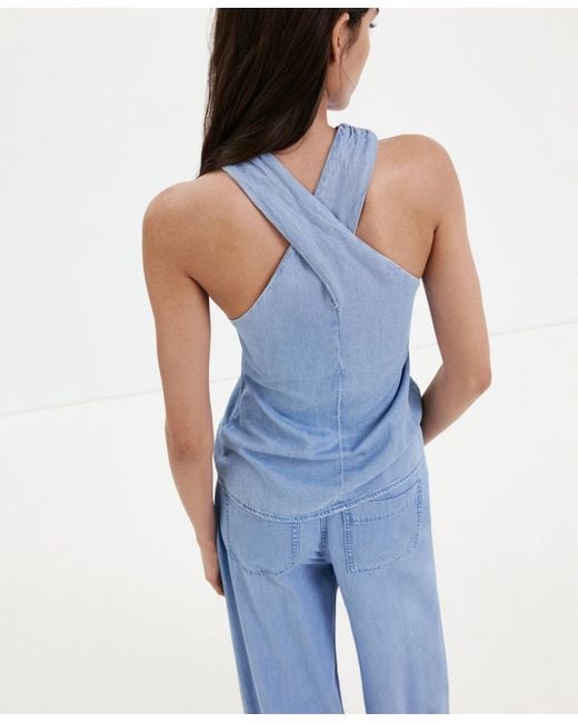 Mango Blue Crossed-strap Denim Top