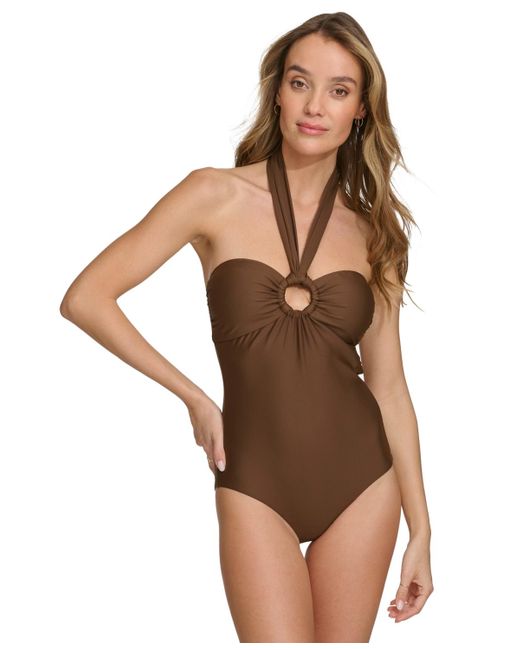 DKNY Brown O-ring One-piece Bandeau-neck Swimsuit