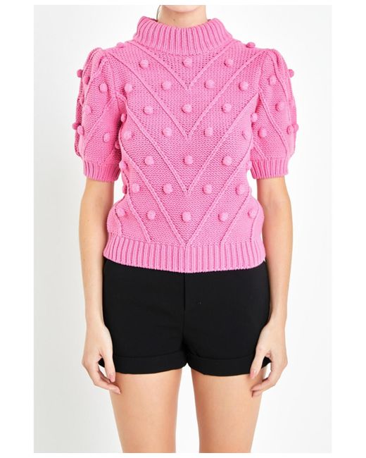 English Factory Pink Pom Pom Puff Sleeve Sweater