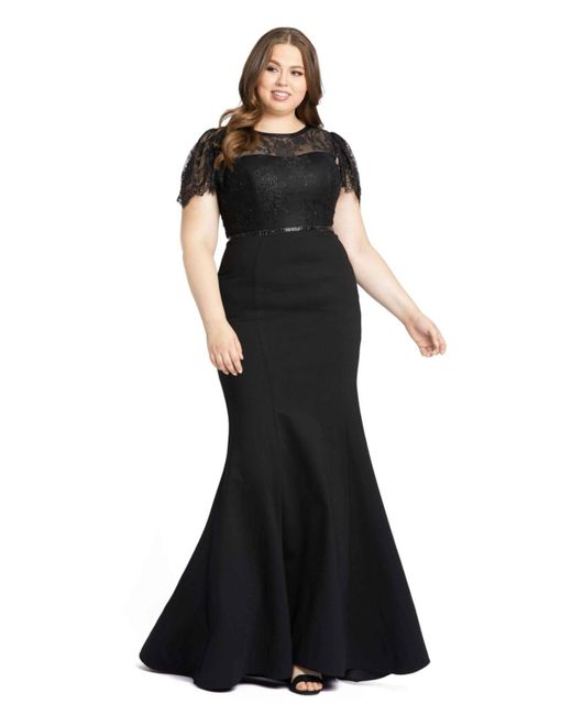 Mac Duggal Black Plus Size Lace Illusion High Neck Cap Sleeve Gown