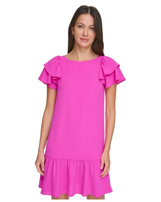 DKNY Pink Petite Flutter-sleeve Ruffle-hem Dress