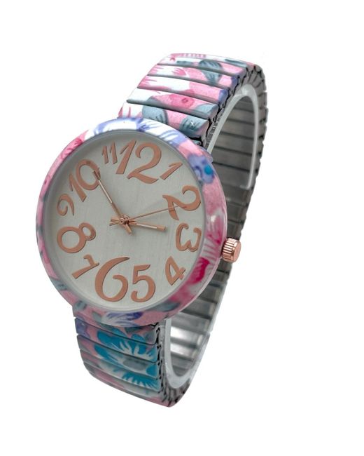 Olivia Pratt Gray Big Dial Easy Reader Watch Floral Elastic Stretch Band Wristwatch Watch