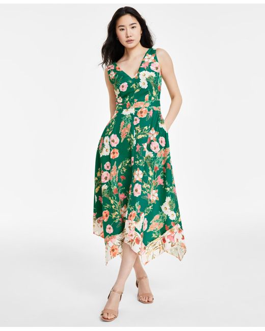 Vince Camuto Green Floral-print Handkerchief-hem Midi Dress