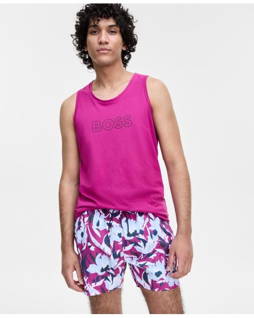 Boss Purple Abstract Floral 5" Swim Shorts for men