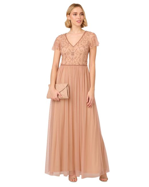 Adrianna Papell Natural Bead Embellished V-neck Gown