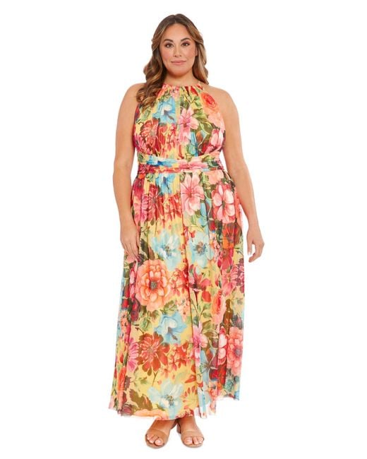London Times Red Plus Size Floral Halter Maxi Dress