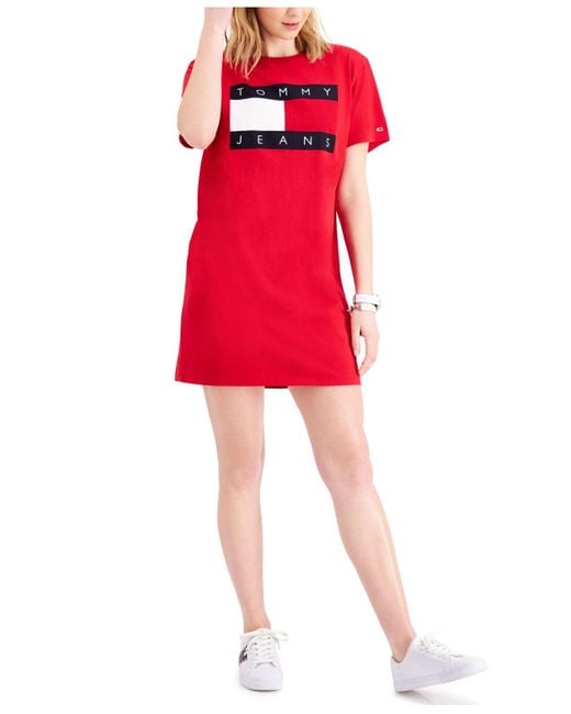 Tommy Hilfiger Logo Cotton Dress in Red | Lyst