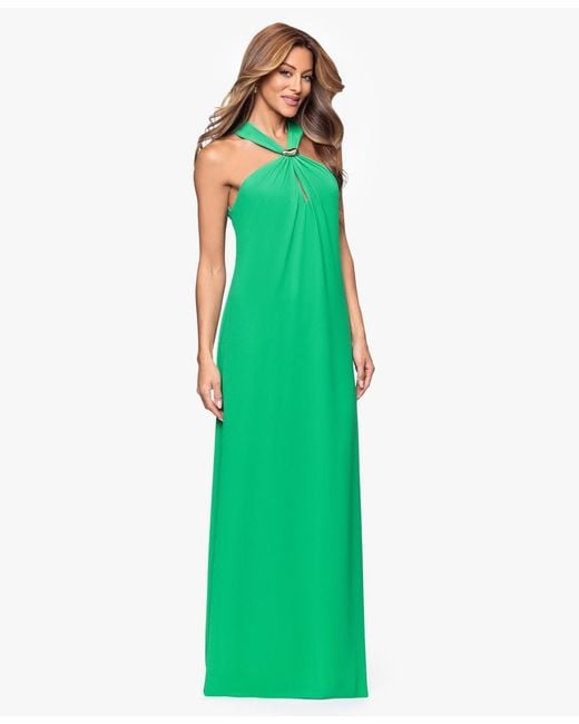 green emerald velvet dress Xscape Ruched A-Line Gown - Hunter Green