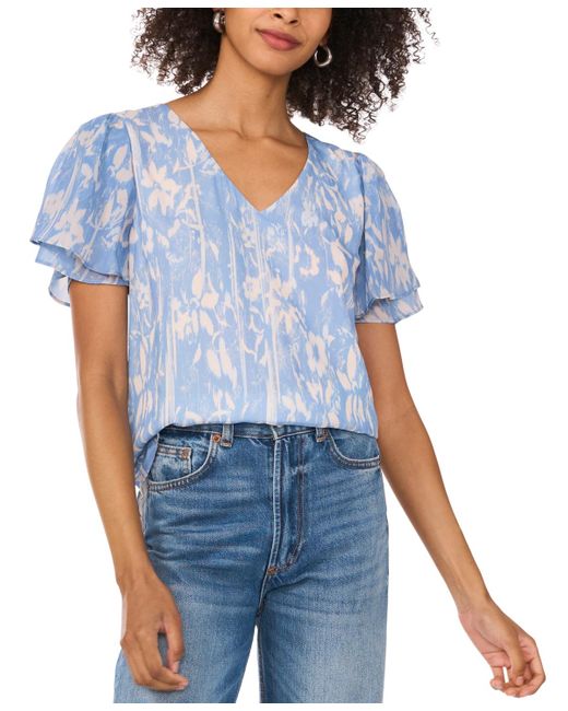 Vince Camuto Blue Abstract-print Flutter-sleeve V-neck Top