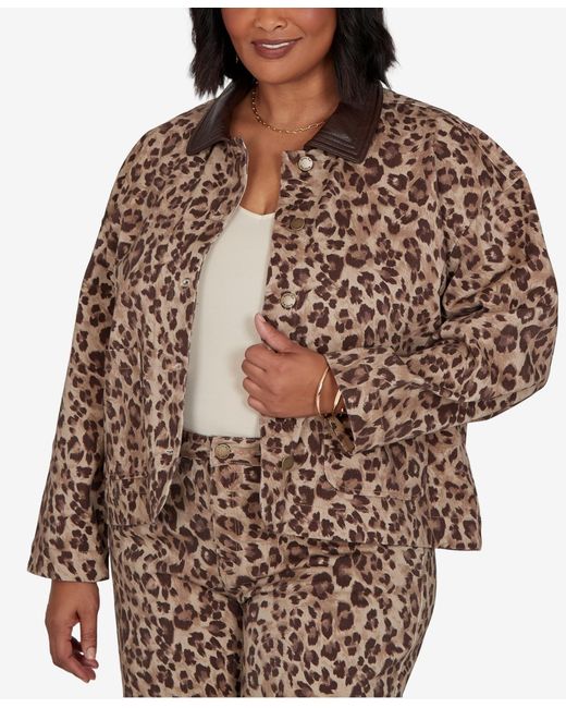 Ruby Rd Brown Plus Size Cheetah Print Denim Jacket