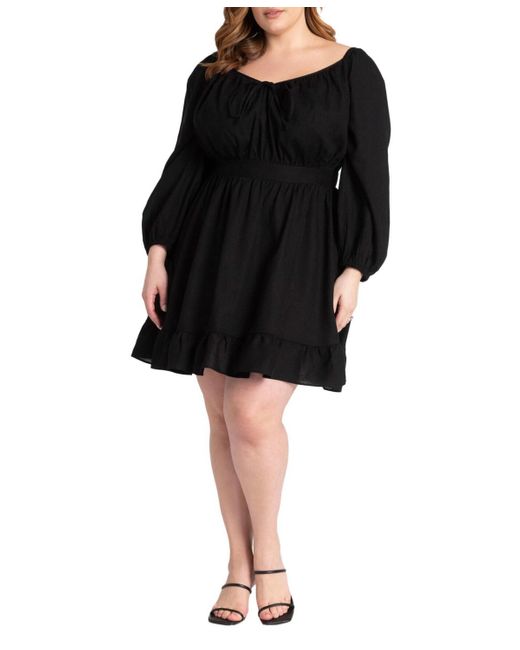 Eloquii Black Plus Size Puff Sleeve Linen Mini Dress
