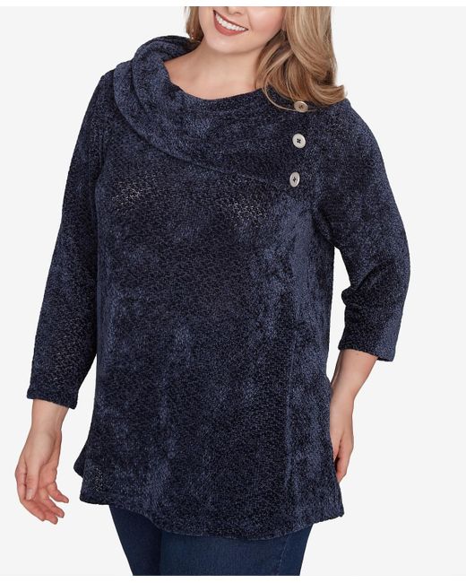 Ruby Rd Blue Plus Size Split Cowl Neck Chenille Shine Knit Top