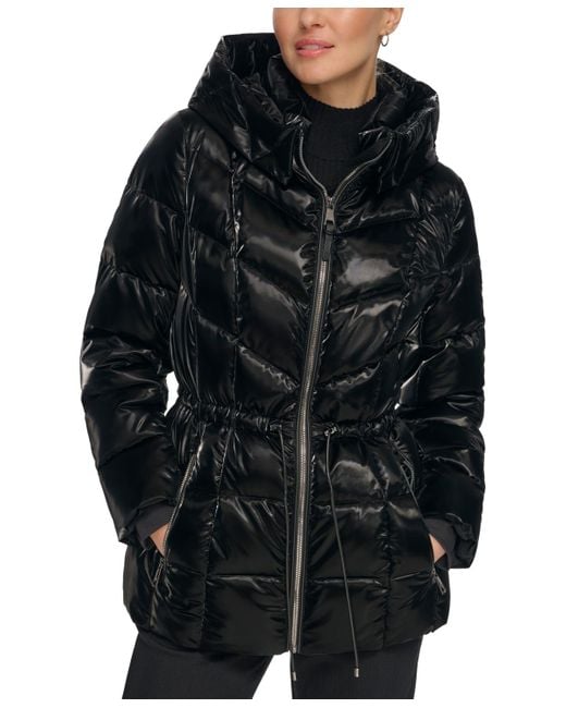 DKNY Black Shine Hooded Puffer Coat