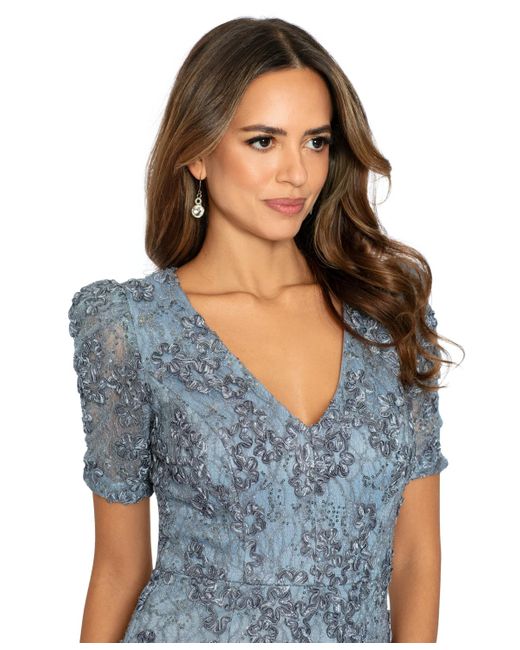 Xscape Blue Petite Embellished Soutache Lace V-neck Gown