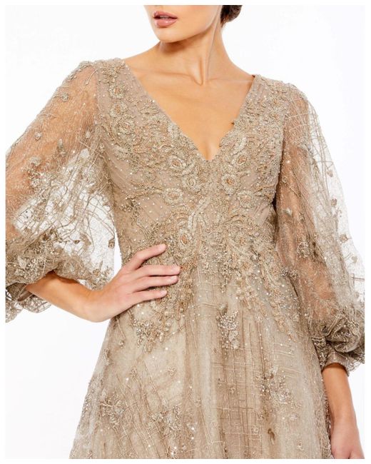 Mac Duggal Natural Embellished Plunge Neck Puff Sleeve A Line Gown